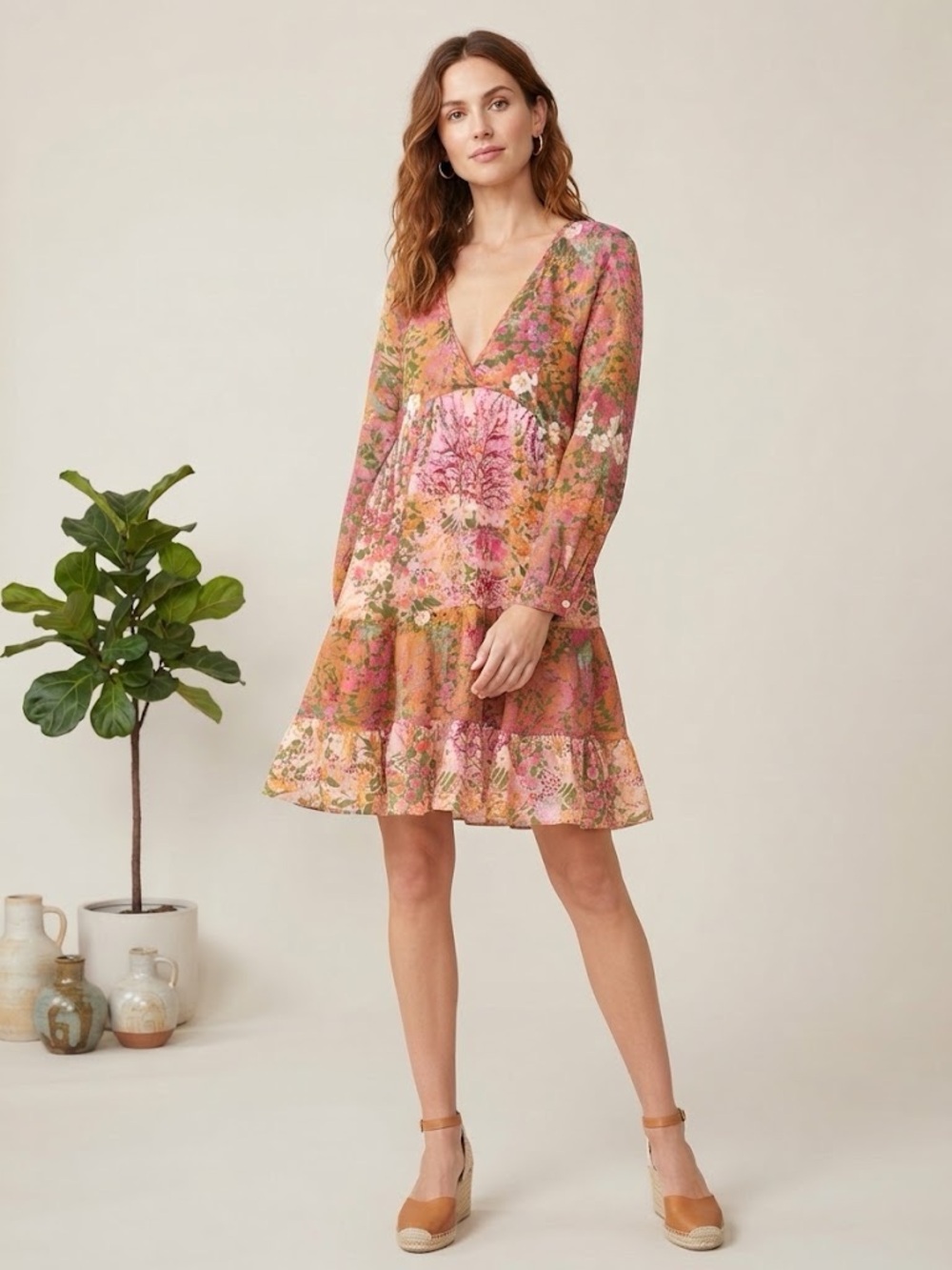 Banjanan Hillary Dress In Loki's Garden Caramel Lilac Long-Sleeve Tiered Boho
